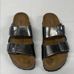 Birkenstock Metallic Anthracite Arizona Slide Sandals